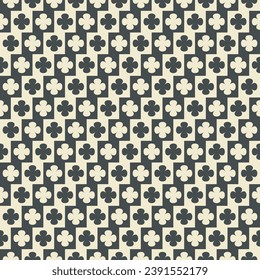 Checker board, flower shape abstract seamless pattern. Decorative geometrical square grid. Black white vintage colours palette. Graphical ornamental backrgound. Vector illustration