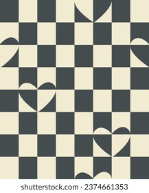 Checker board, heart shapes abstract seamless pattern swatch. Decorative geometrical grid. Black white vintage colours palette. Graphical ornamental backrgound. Vector illustration