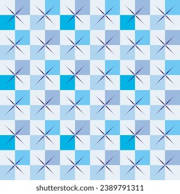 Checker board, star shape abstract seamless pattern. Decorative geometrical square grid. Blue tones color palette. Graphical ornamental backrgound. Abstract vector illustration