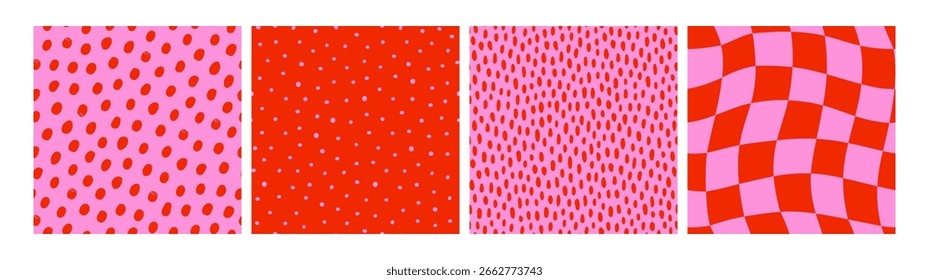 Verificador, ponto, confete conjunto de padrão sem emenda com design abstrato retro. Fundo de vetor vermelho brilhante e rosa perfeito para papel de embrulho divertido, tecido e decoração de festa. Arraste até o painel Amostras.