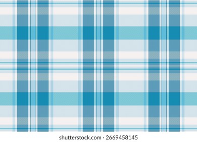 Checker fabric plaid vector, rustic texture pattern tartan. Merry check seamless textile background in cyan and light blue colors palette.