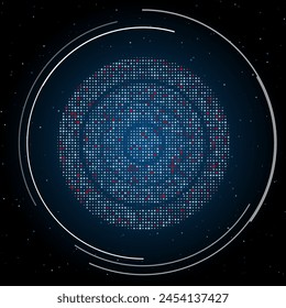 The checker game symbol filled with white dots. Pointillism style. Some dots is red. Vector illustration on blue background with stars