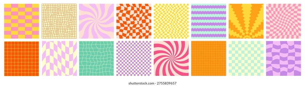 Kit de Patrón de Cuadrícula. Fondo de tablero de ajedrez Groovy Y2k. Conjunto de Tablero de ajedrez retro moderno de los años 90. 1970 Trippy Fondo de Rejilla. Lindo Y2k Textura Pack Bg. Paquete cuadrado ondulado del patrón del tablero de ajedrez de la diversión.