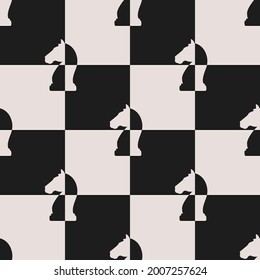 Checker horses. Vector black and white horses in chessboard wallpaper or tile.