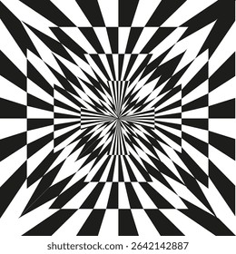 Checker illusion spiral. Geometric black vortex. Abstract swirl pattern. Radial vector design.