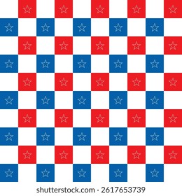 Checker seamless pattern with stars  blue red white.Concept of America USA military veterans.Geometric abstract background vector graphic illustration.