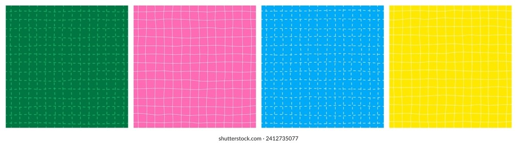 Checker Seamless Patterns Set. Vector Notebook Warped Texture. Line Geometric Checkered Retro Backgrounds