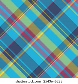 Checker textile tartan vector, exotic pattern fabric background. Real plaid seamless texture check in cyan and blue colors palette.