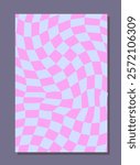 Checkerboard abstract poster. Pattern with violet and blue squares. Minimalistic creativity and art. Back to hippie era. Cover or banner. Flat vector illustration isolated on grey background
