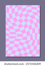 Checkerboard abstract poster. Pattern with violet and blue squares. Minimalistic creativity and art. Back to hippie era. Cover or banner. Flat vector illustration isolated on grey background