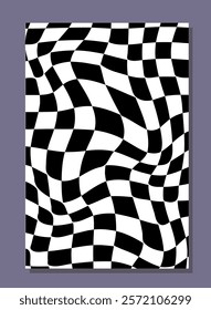 Checkerboard abstract poster. Pattern with white and black distorted squares. Minimalistic creativity and art. Hallucinogenic ornament. Flat vector illustration isolated on grey background