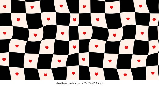 Checkerboard background with minimalist hand-drawn red hearts. Geometric black and white square texture in vintage style. Gingham vector wallpaper for print templates or textiles. Hippie 70s pattern.