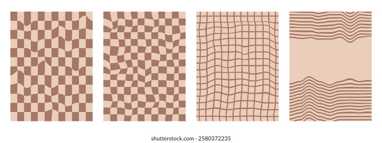 Checkerboard background set. Psychedelic checker posters templates. Vintage distorted grid and stripes y2k vertical textures. Vector 70s style playful flat geometric wavy mosaic backdrops.