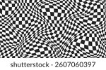 Checkerboard background. Warped wavy pattern with geometric graphic. Abstract chess square surface. Checkered psychedelic optical illusion print. Y2k design for banner. Vector illustration