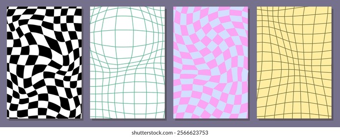 Checkerboard backgrounds set. Hippie era. Abstract creativity and art. Back to 80s and 90s. Psychedelic and groovy grid. Flat vector collection isolated on grey background