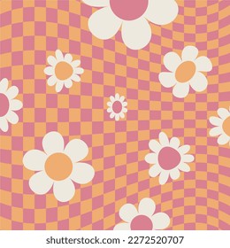 Checkerboard backgrounds.Retro 60s 70s psychedelic design.Quirky,love.flower,social media,Colorful .Vector illustration.