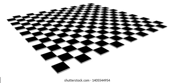 Checkerboard, chessboard, checkered plane in angle perspective. Tilted, vanishing empty floor. 3d black squares  isolated on white background.