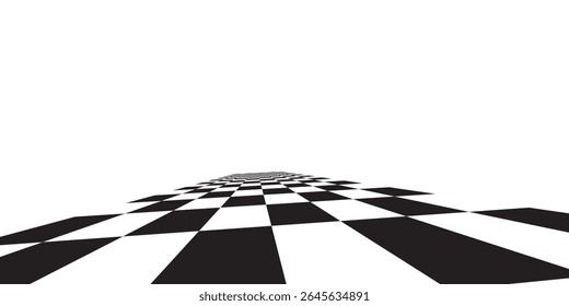 Checkerboard, chessboard, checkered plane in angle perspective. Tilted, vanishing empty floor.