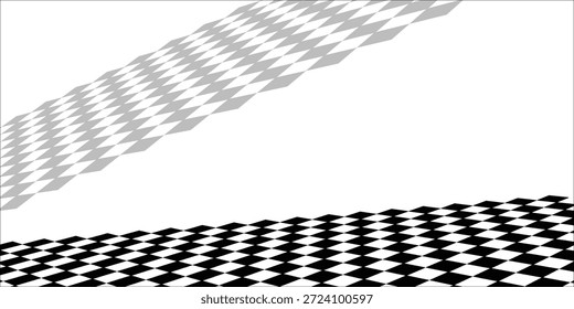 Checkerboard, chessboard, checkered plane in angle perspective. Tilted, vanishing empty floor.