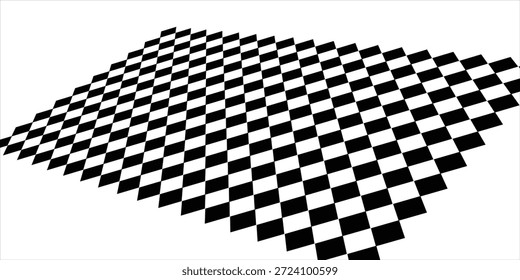 Checkerboard, chessboard, checkered plane in angle perspective. Tilted, vanishing empty floor.