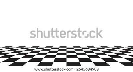 Checkerboard, chessboard, checkered plane in angle perspective. Tilted, vanishing empty floor.