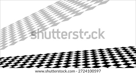 Checkerboard, chessboard, checkered plane in angle perspective. Tilted, vanishing empty floor.