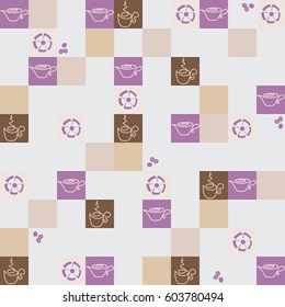 Checkerboard. Coffee in squares. A light background. Seamless pattern. Design for textiles, tapestries, paper packaging, bags, napkins. Drawing in pastel colours. 