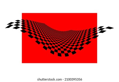Checkerboard curved background with red square in perspective. Vector illustration. 