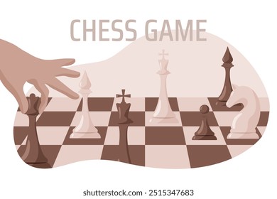 checkerboard with different pieces and hand holding chess piece