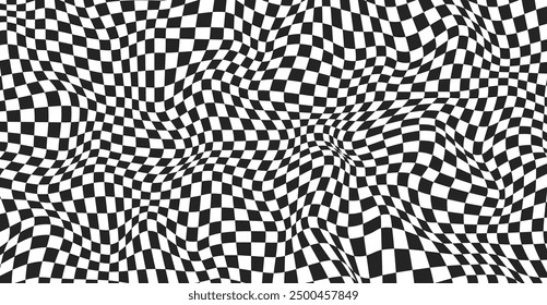 Checkerboard distorted pattern. Abstract warped effect background. Y2k wavy design for banner. Black and white psychedelic print. Optical illusion. Vector illustration