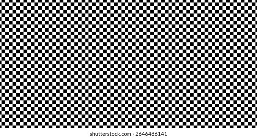 Checkerboard distorted pattern. Abstract warped effect background. Y2k wavy design for banner. Black and white psychedelic print. Optical illusion. Vector illustration