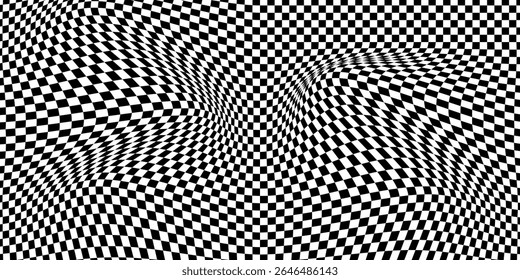 Checkerboard distorted pattern. Abstract warped effect background. Y2k wavy design for banner. Black and white psychedelic print. Optical illusion. Vector illustration