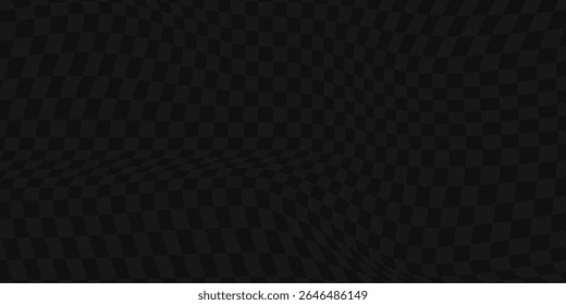 Checkerboard distorted pattern. Abstract warped effect background. Y2k wavy design for banner. Black and white psychedelic print. Optical illusion. Vector illustration