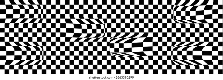 Patrones distorsionados de tablero de ajedrez. Cuadrícula de azulejos cuadrados en blanco y negro. Textura distorsionada del tablero de ajedrez. Impresión de tela de bandera de carreras a cuadros. Fondo de Vector geométrico con efecto de distorsión.
