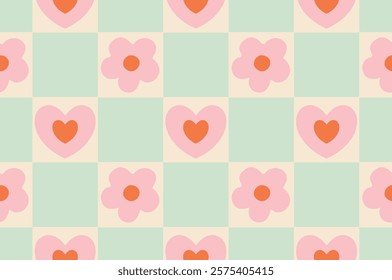 Checkerboard Floral and Hearts Seamless Pattern. Flowers and Hearts Chessboard, Groovy, trippy Retro style All over Print Seamless Pattern Vector Illustration