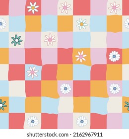 Checkerboard Floral Seamless Pattern. Cute Trendy Print. Vector Hand Drawn Illustration.