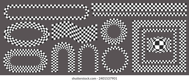 Checkerboard frames set. Circle and square patterns with black and white chess pattern.Y2k geometric shapes. Vector retro groovy illustration.