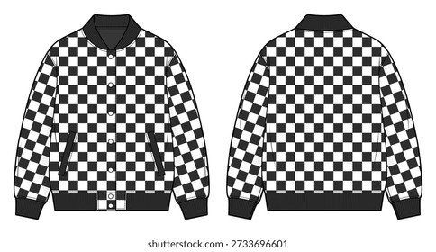 Checkerboard Graphic Bomber Jacket Technical Fashion Illustration. Statement Streetwear Outerwear. Front and Back View. Black and white. CAD Vector Mockup.