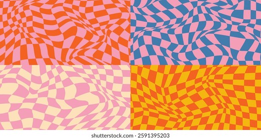 Checkerboard groovy background. Vintage trippy chess pattern. Swirl y2k checkerboard background. Vector illustration