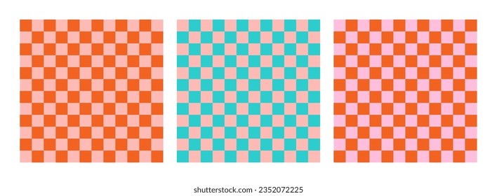 Checkerboard groovy square seamless pattern collection. Set of geometric texture in retro vintage Y2K style. Funky hippie fashion textile print, modern trendy background