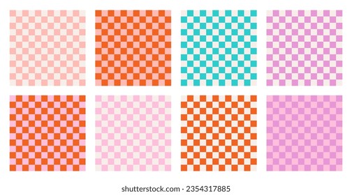 Checkerboard groovy square seamless pattern collection. Set of geometric texture in retro vintage Y2K style. Funky hippie fashion textile print, modern trendy background