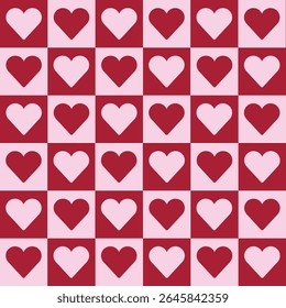 Checkerboard heart print. Seamless pattern for Valentines themed checker and chess sets. Alternating pink and red hearts for Valentine’s Day packaging. Hearts and kisses, sweets and lovers. EPS 10.