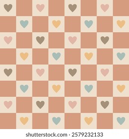 Checkerboard with hearts vintage beige boho muted white dark salmon pink