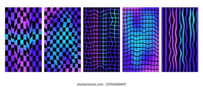 Checkerboard holographic background set. Psychedelic checker gradient posters templates. Surreal chessboard with distorted grid and stripes. Vector techno geometric backdrops.