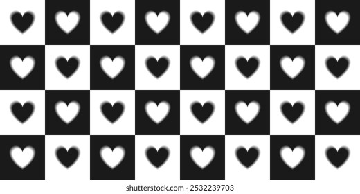 Checkerboard love seamless pattern. Black and white blurry gradient hearts with aura glow effect. Romantic background 2000s for wallpaper, fabric, print design, textile, wrapping paper. Vector