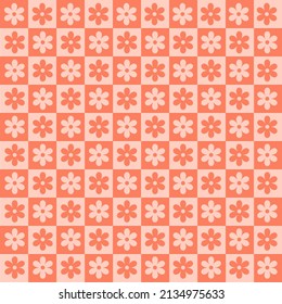 Checkerboard monochrome seamless pattern with red geometric shaped flowers. Colorful vector background in retro style 60s, 70s.