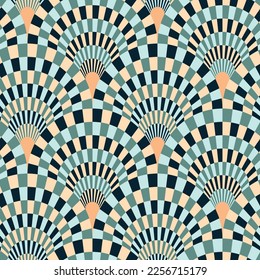 Checkerboard mosaic with round base elements. Checkered abstract geometric fans. Seamless repeating pattern. Decorative vector illustration.