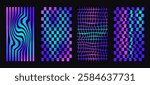 Checkerboard neon background set. Psychedelic checker gradient posters templates. Surreal chessboard with distorted grid and stripes. Y2k textures. Vector playful flat geometric wavy mosaic backdrops.