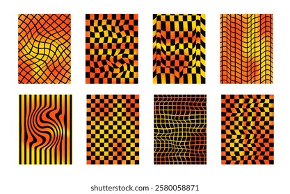 Checkerboard neon background set. Psychedelic checker gradient posters templates. Surreal chessboard with distorted grid and stripes. Y2k brutal textures. Vector playful flat geometric wavy backdrops.