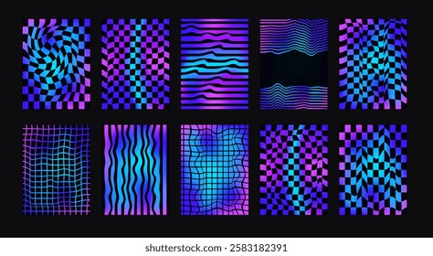 Checkerboard neon background set. Psychedelic holo checker gradient posters templates. Surreal chessboard with distorted grid and stripes. Y2k vertical textures. Vector geometric mosaic backdrops.